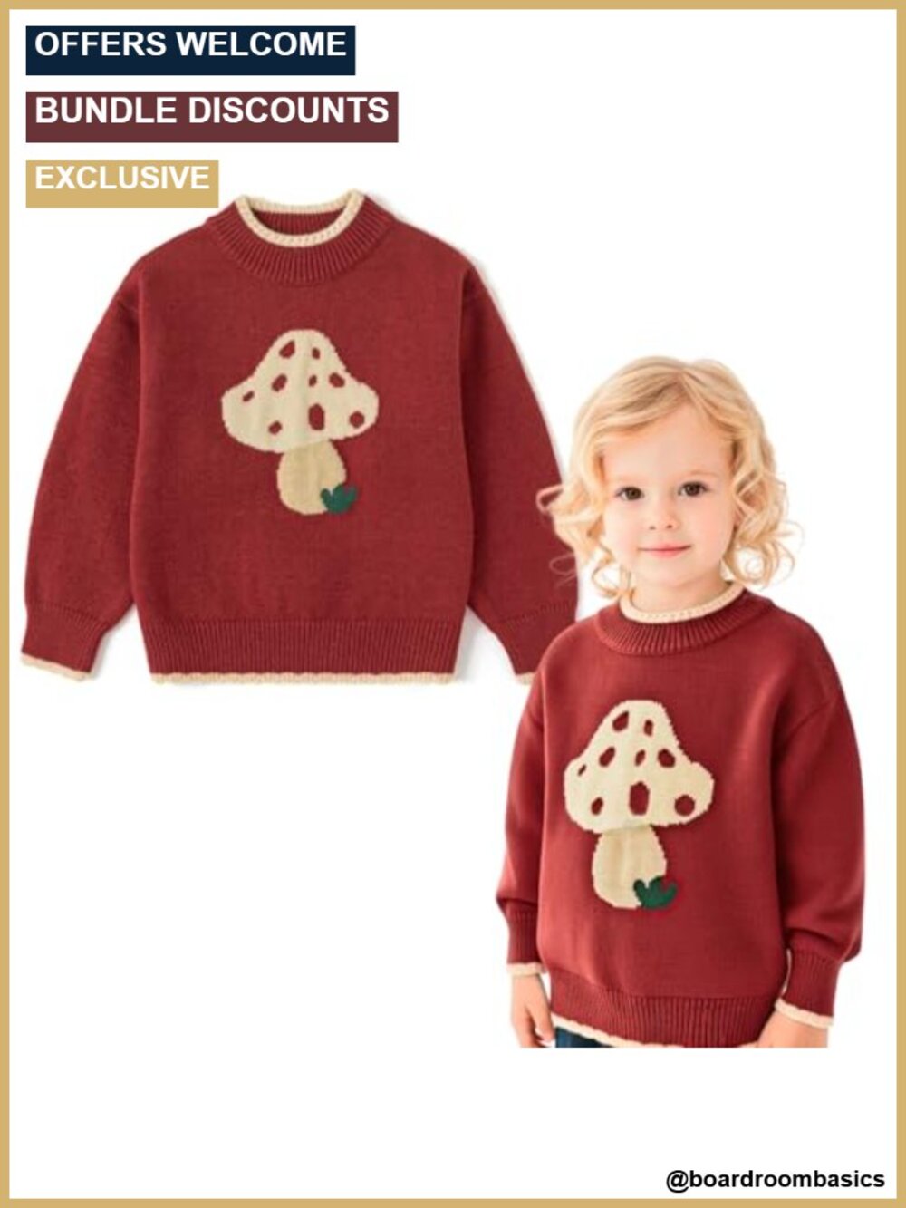Toddler Girls Knit Pullover Sweater Long Sleeve Crew Neck Mushroom